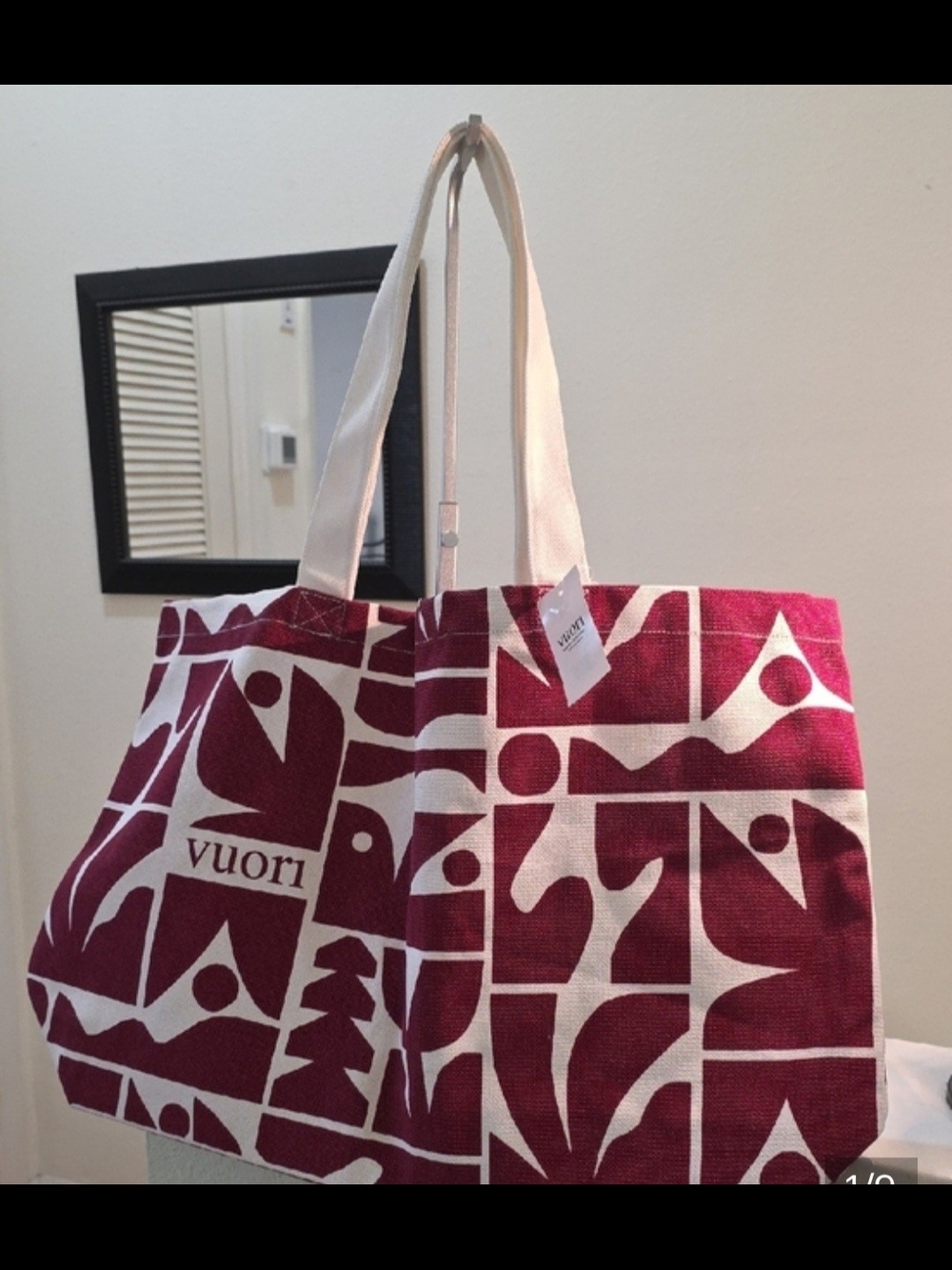 Vuori NWT Burgundy & Cream Patterned Canvas Tote Bag